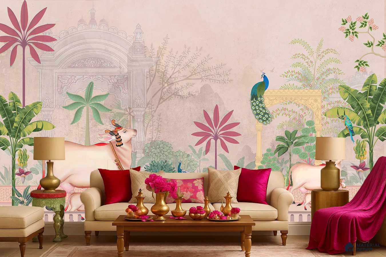 Traditional living room with Indian pichwai wallpaper, beige upholstery, and gold accent decor in Bengaluru