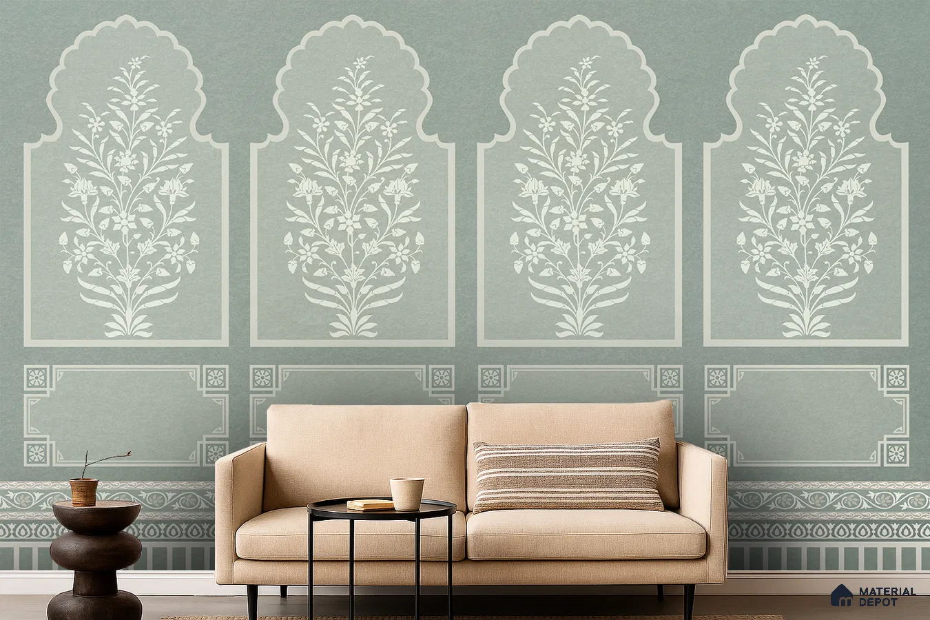 Traditional living room with sage green Indian floral patterned wallpaper and beige fabric sofa in Bengaluru