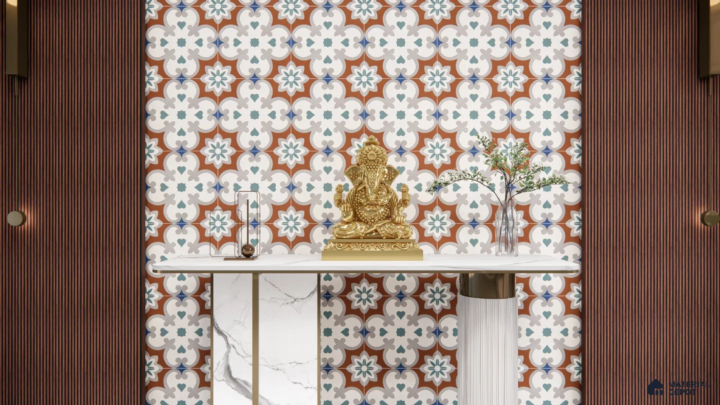 Traditional Mandir Setup with Mediterranean Patterned Tiles and Fluted Panels | Material Depot