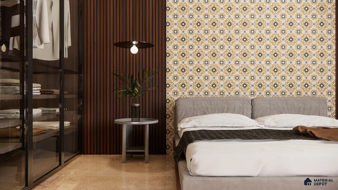 Traditional Ornate Tile Accent in Modern Bedroom | Material Depot