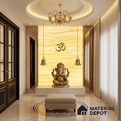 Traditional pooja room with backlit alabaster panel and beige marble flooring