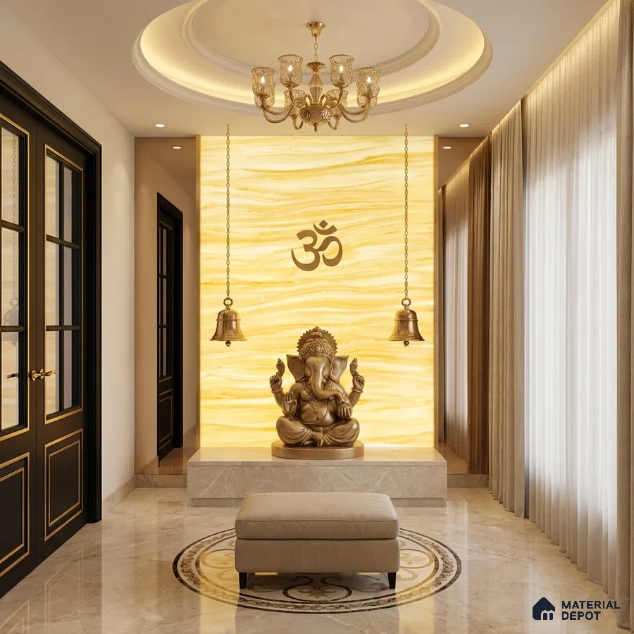 Traditional pooja room with backlit alabaster panel and beige marble flooring