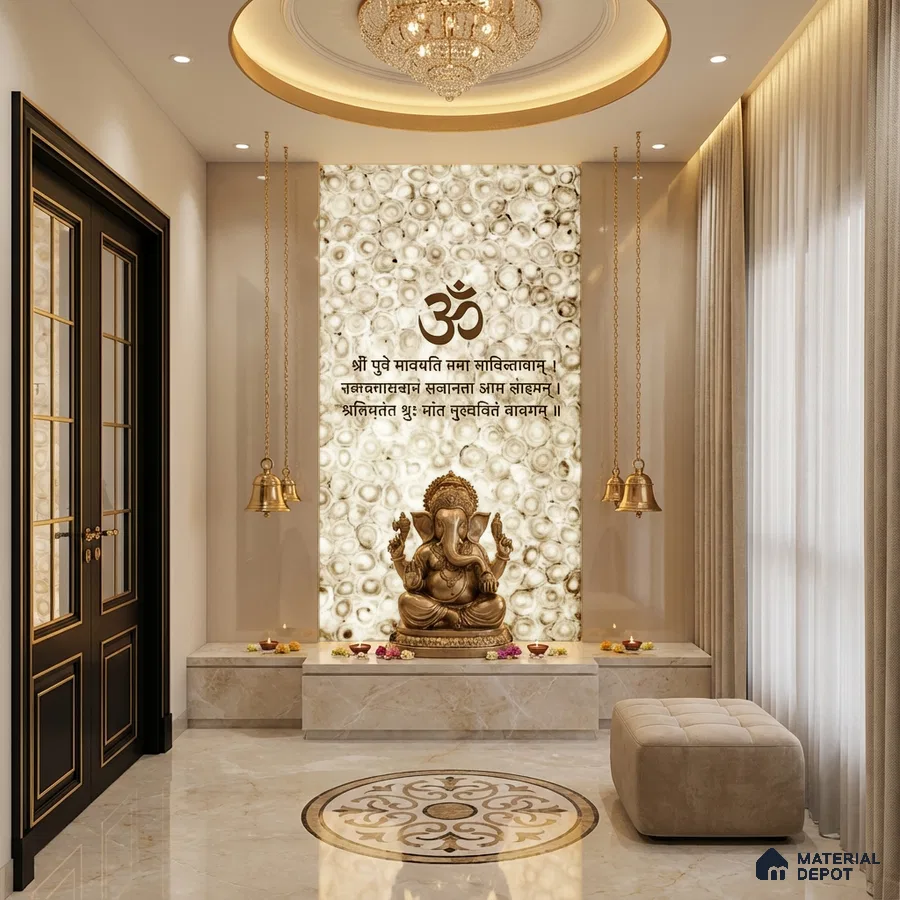 Traditional pooja room with backlit alabaster panel and marble floor tile