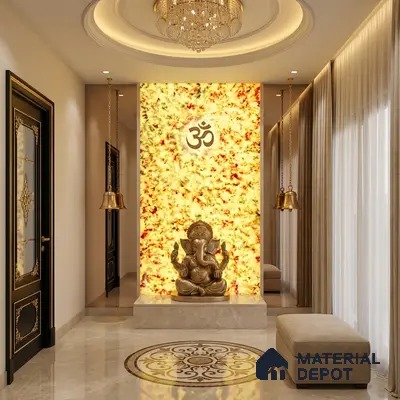 Traditional pooja room with backlit alabaster panel and marble flooring