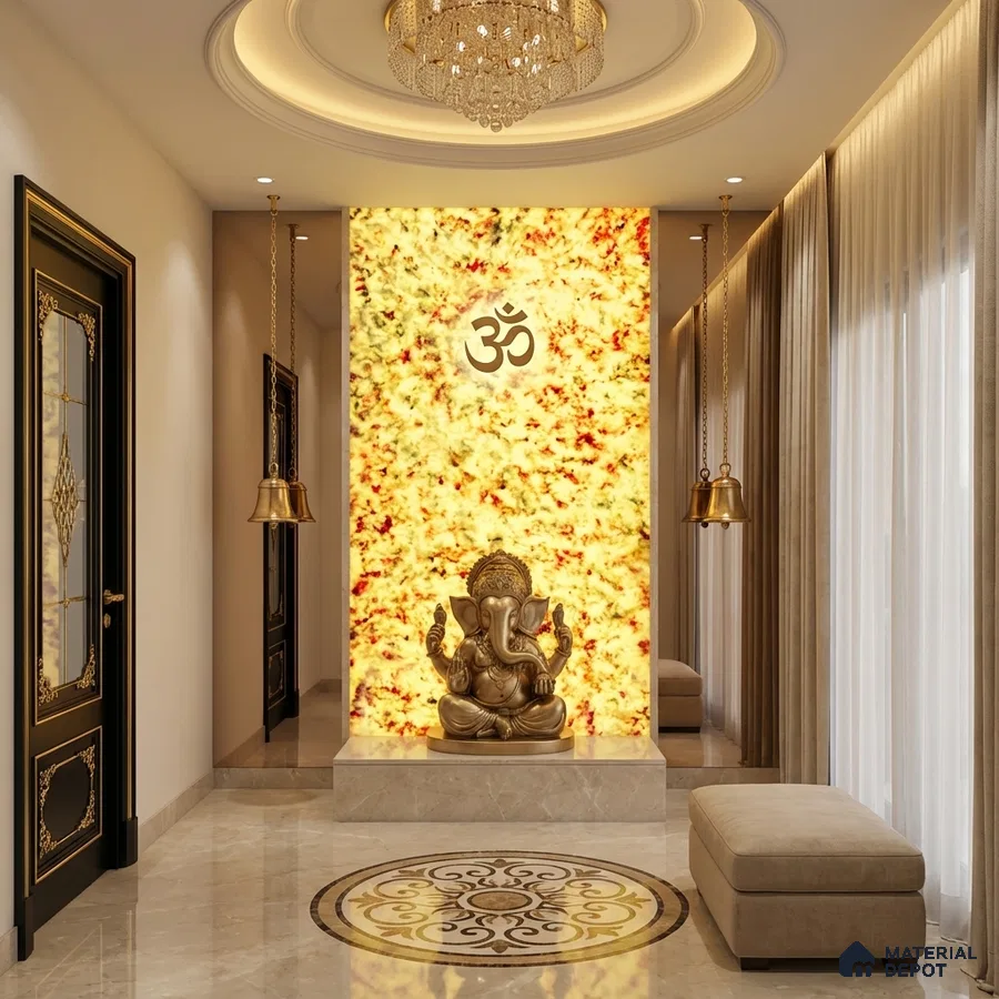 Traditional pooja room with backlit alabaster panel and marble flooring