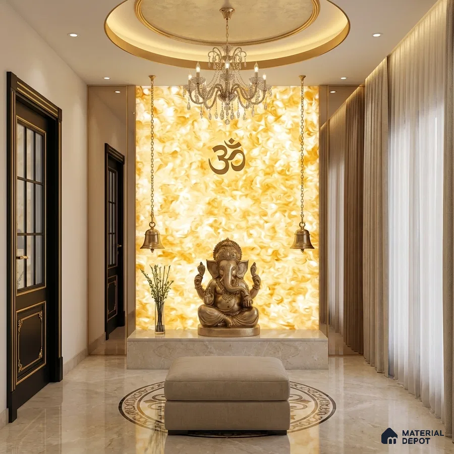 Traditional pooja room with backlit alabaster panel and marble flooring