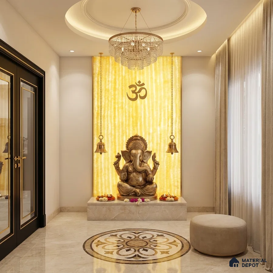 Traditional pooja room with backlit alabaster panel, marble flooring, and gold accents