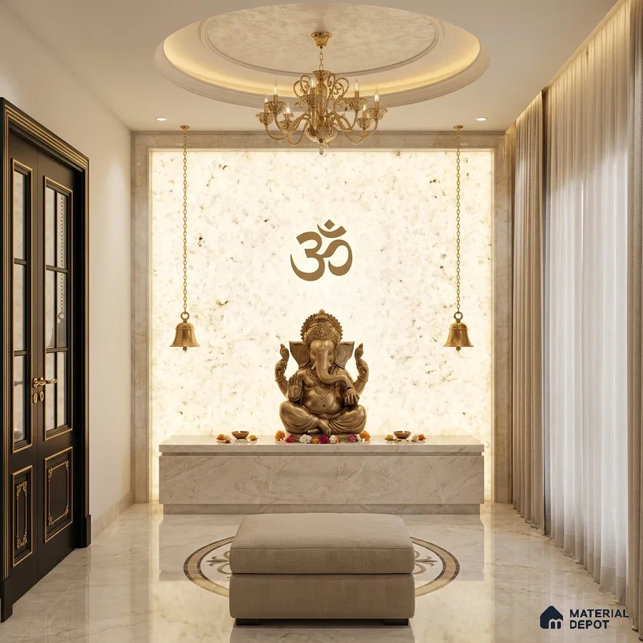 Traditional pooja room with backlit alabaster wall panel and marble flooring