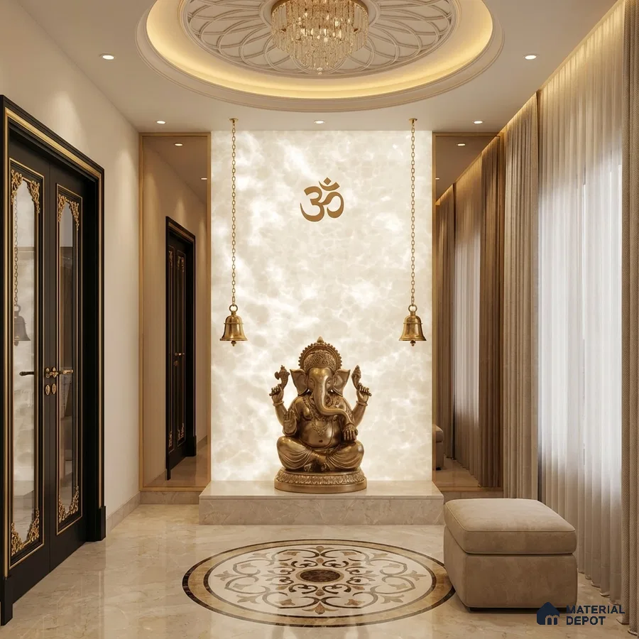 Traditional pooja room with backlit alabaster wall panel and marble flooring