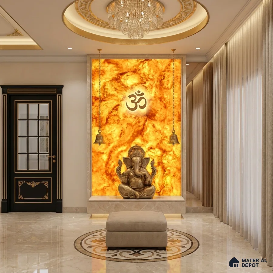 Traditional pooja room with backlit golden alabaster panel and marble flooring
