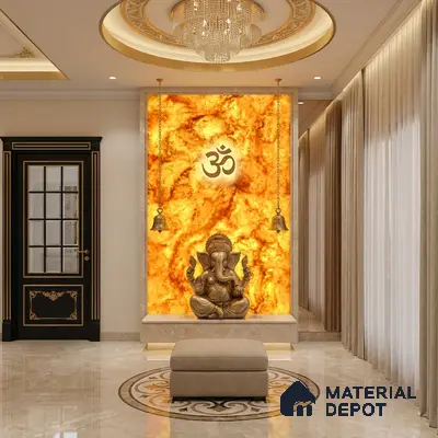 Traditional pooja room with backlit golden alabaster panel and marble flooring