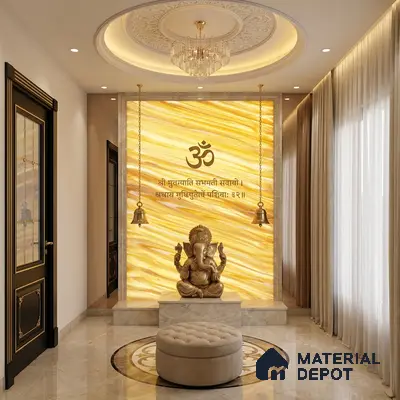 Traditional pooja room with backlit golden alabaster panel and marble flooring