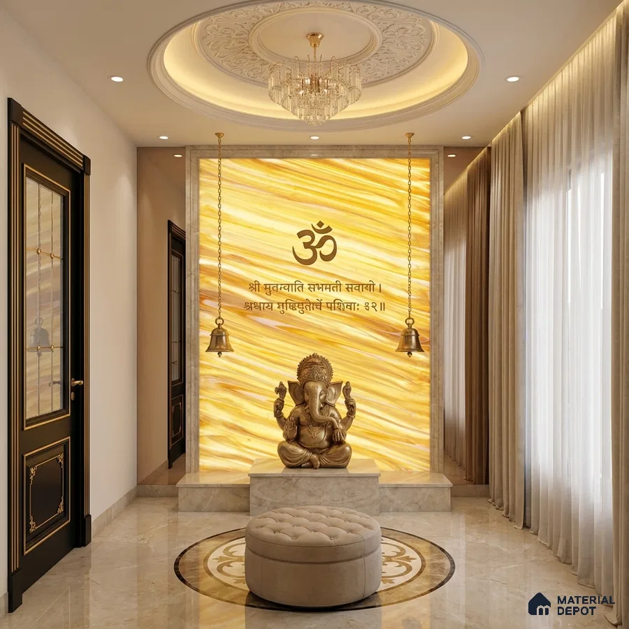 Traditional pooja room with backlit golden alabaster panel and marble flooring