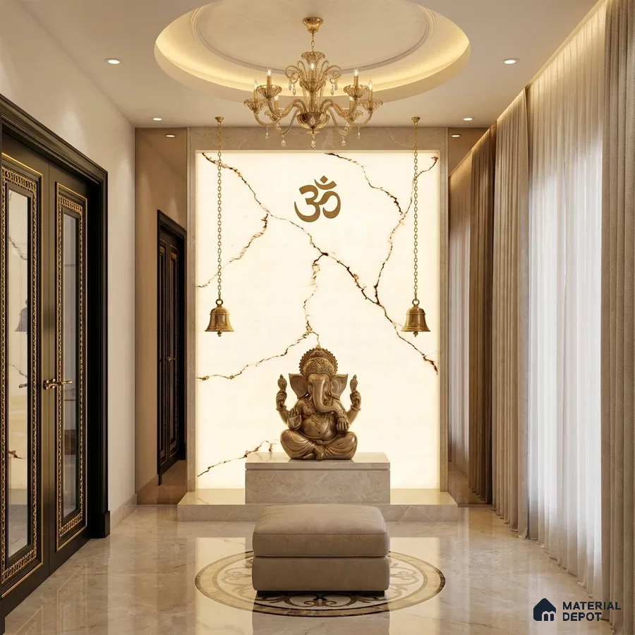 Traditional pooja room with backlit marble accent wall and beige marble flooring