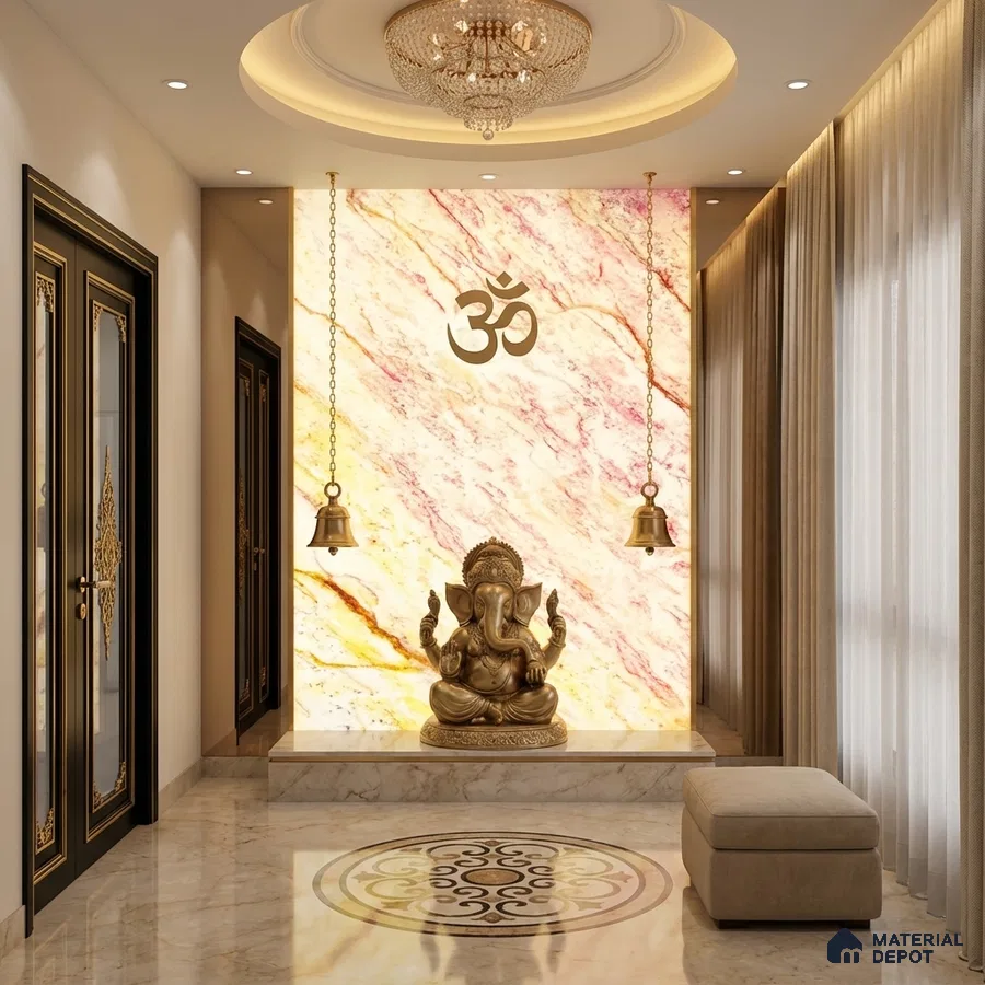 Traditional pooja room with backlit marble accent wall and marble flooring
