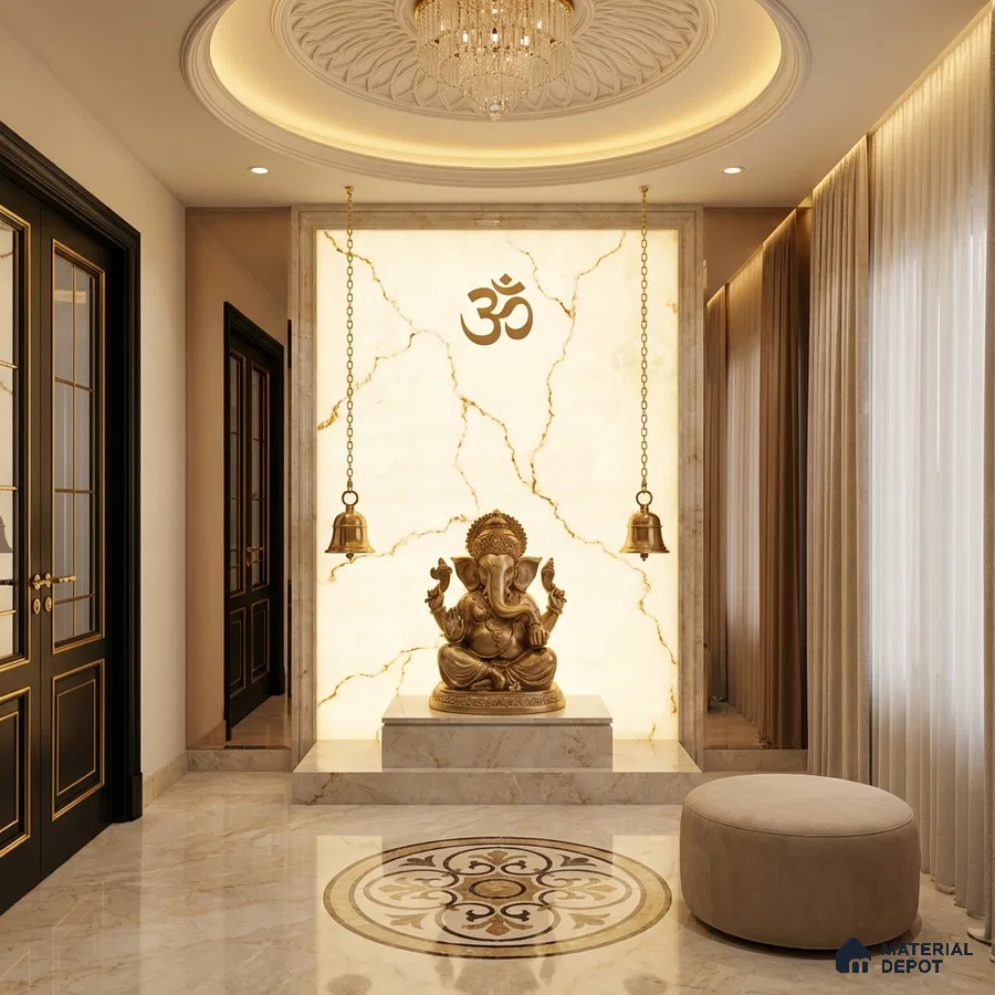 Traditional pooja room with backlit marble wall, gold accents, and marble inlay flooring