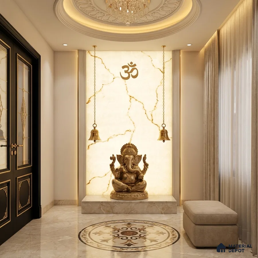 Traditional pooja room with backlit marble-look panel and marble inlay floor