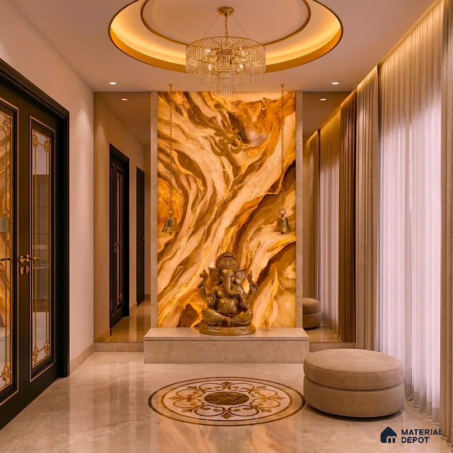 Traditional pooja room with backlit onyx marble accent wall and beige marble flooring