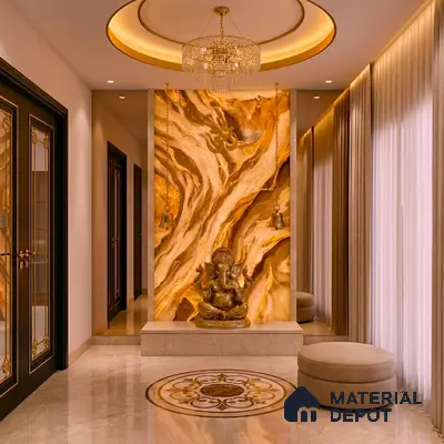 Traditional pooja room with backlit onyx marble accent wall and beige marble flooring