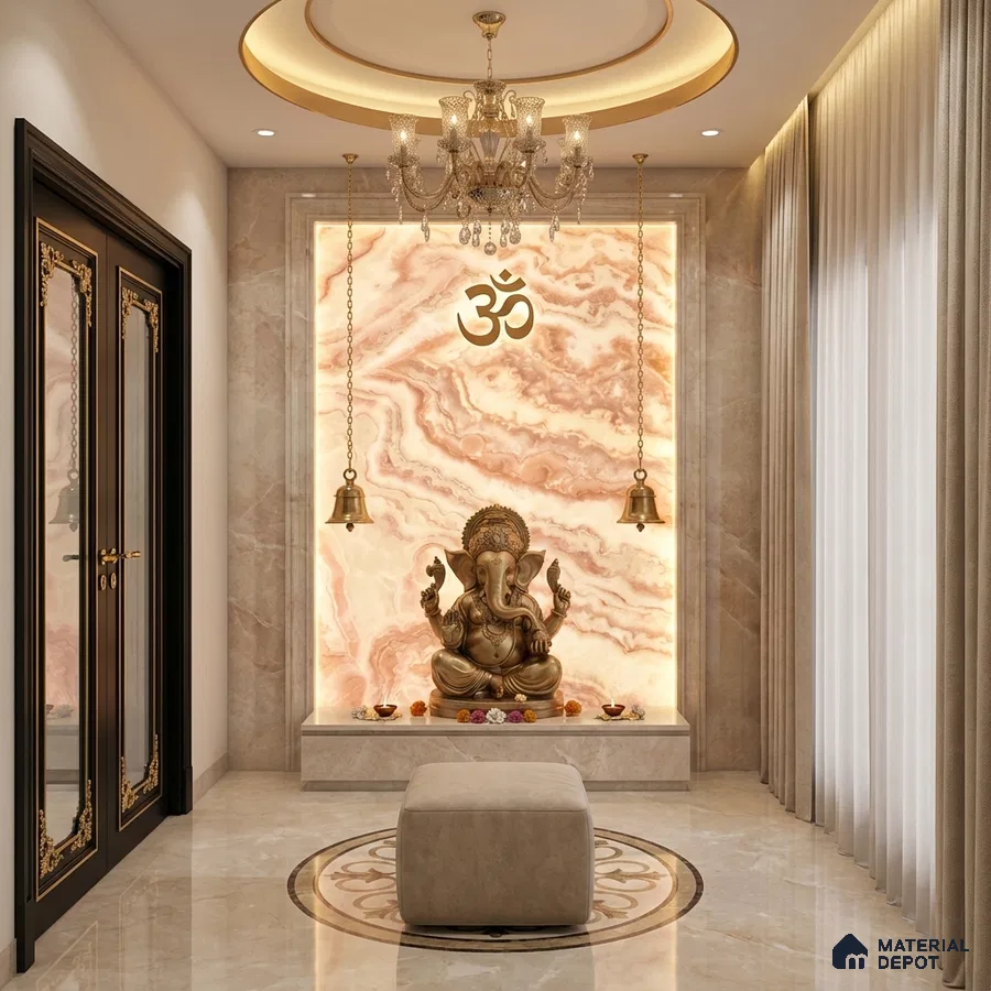 Traditional pooja room with backlit onyx marble panel and beige marble flooring