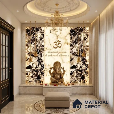 Traditional pooja room with backlit onyx marble panels and marble flooring