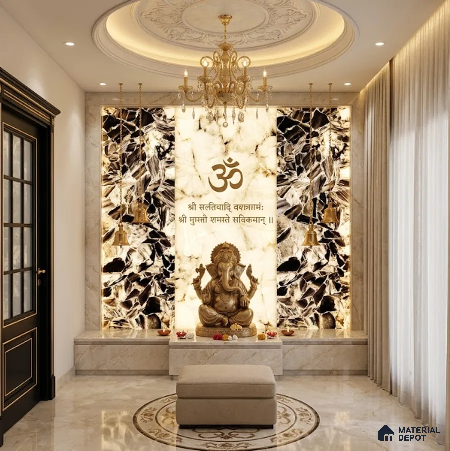 Traditional pooja room with backlit onyx marble panels and marble flooring