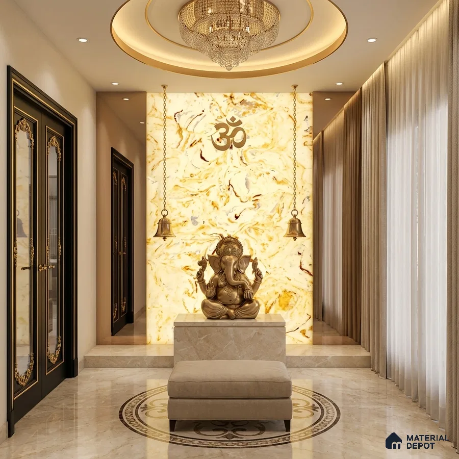 Traditional pooja room with backlit onyx marble wall and beige marble flooring
