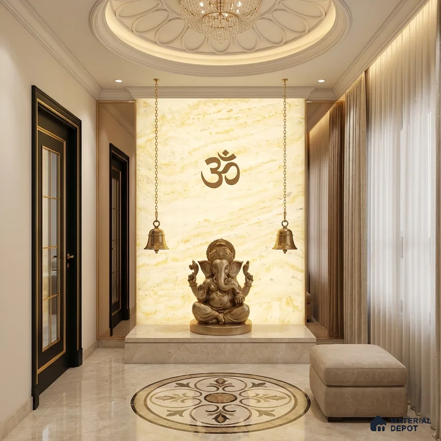 Traditional pooja room with backlit onyx marble wall and intricate marble inlay flooring