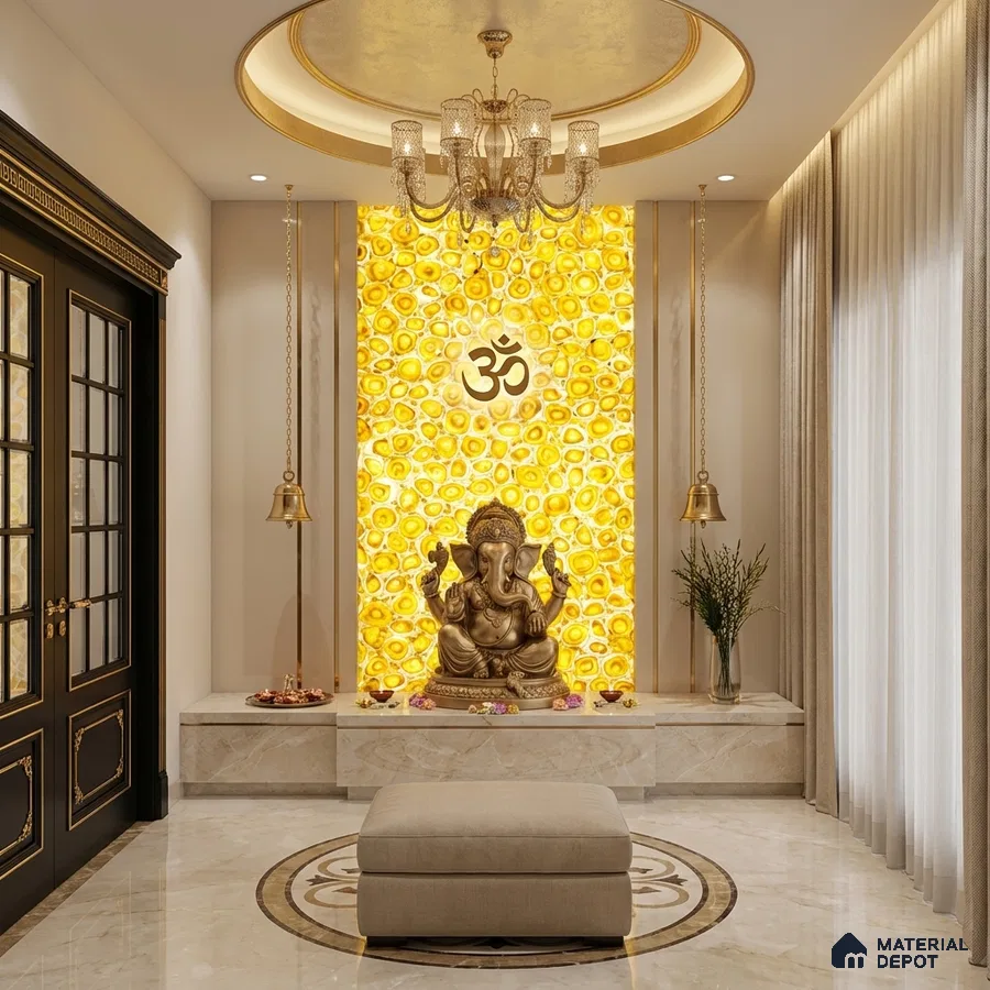 Traditional pooja room with backlit yellow agate stone panel and marble flooring