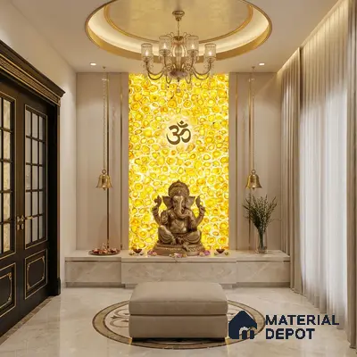 Traditional pooja room with backlit yellow agate stone panel and marble flooring