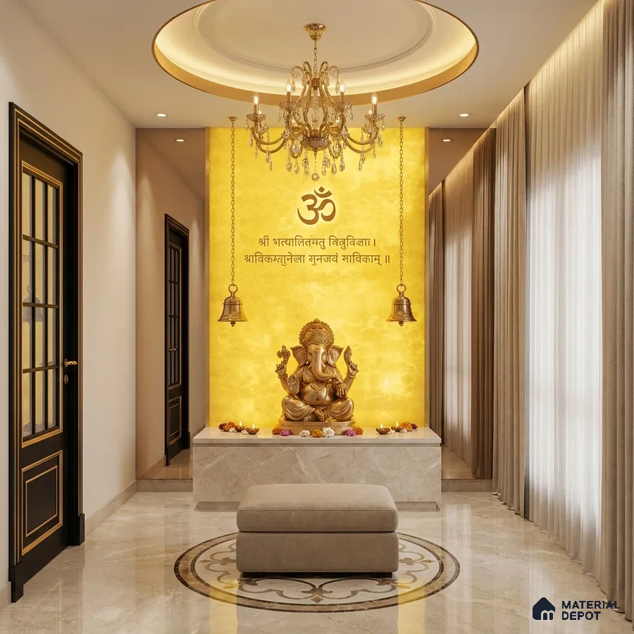 Traditional pooja room with golden textured wall panel and marble flooring