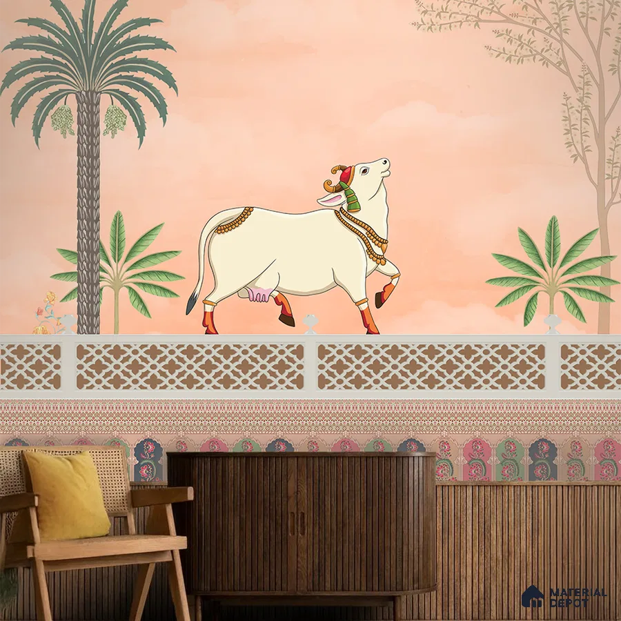 Traditional pooja room with Indian mural wallpaper and wooden fluted panels in Bengaluru
