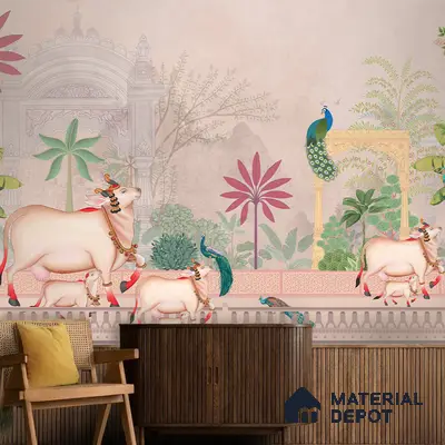Traditional pooja room with Indian mural wallpaper and wooden fluted panels in Bengaluru