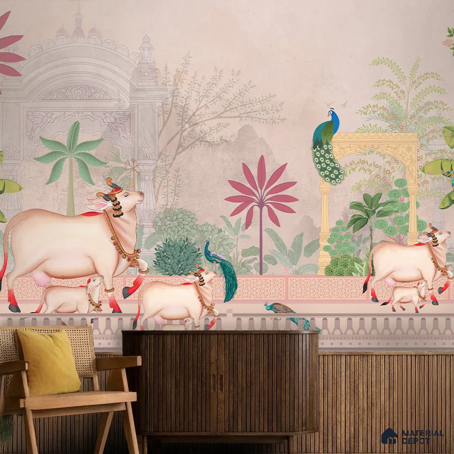Traditional pooja room with Indian mural wallpaper and wooden fluted panels in Bengaluru