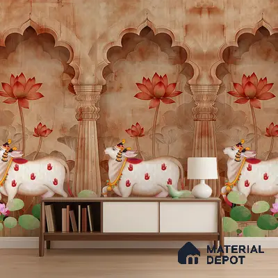 Traditional pooja room with Indian pichwai wallpaper and lotus motif in Bengaluru