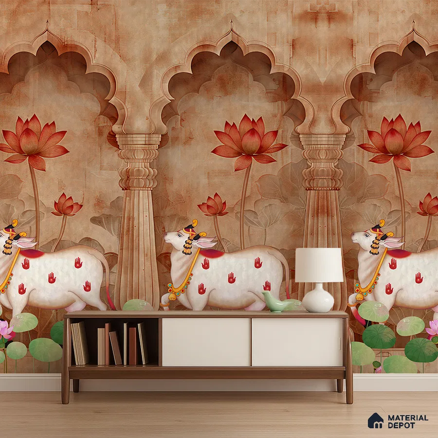 Traditional pooja room with Indian pichwai wallpaper and lotus motif in Bengaluru