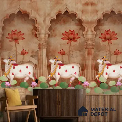 Traditional pooja room with Indian pichwai wallpaper and wooden cabinet in Bengaluru