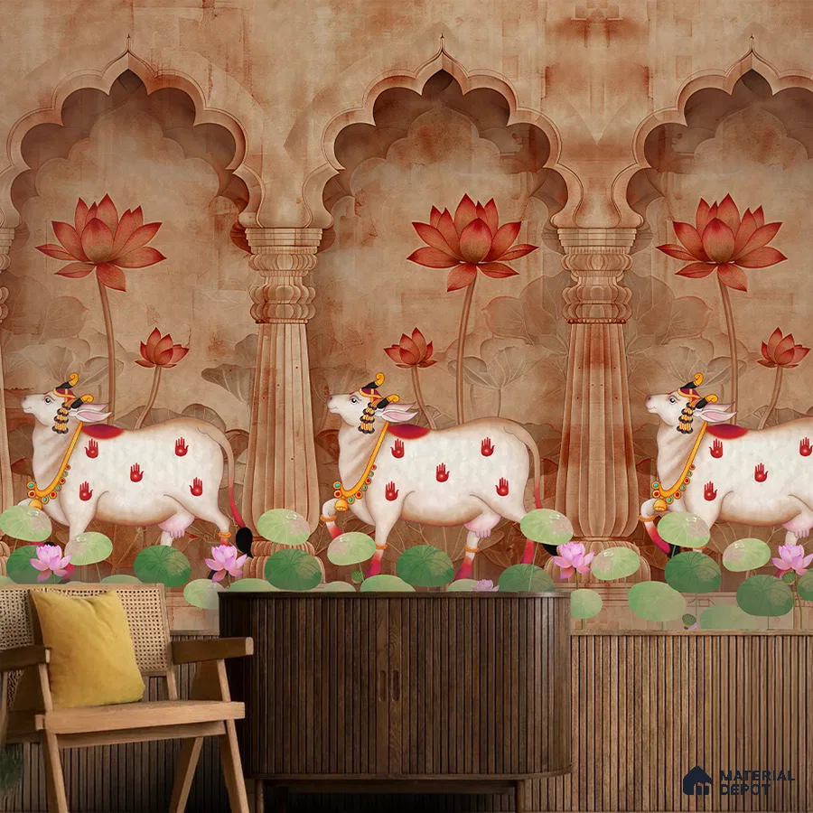 Traditional pooja room with Indian pichwai wallpaper and wooden cabinet in Bengaluru
