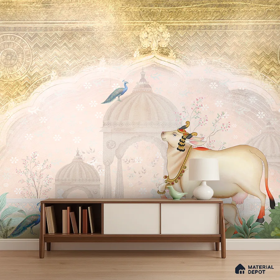 Traditional pooja room with Indian pichwai wallpaper and wooden console in Bengaluru