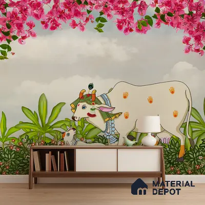 Traditional pooja room with pichwai wallpaper and wooden console in Bengaluru