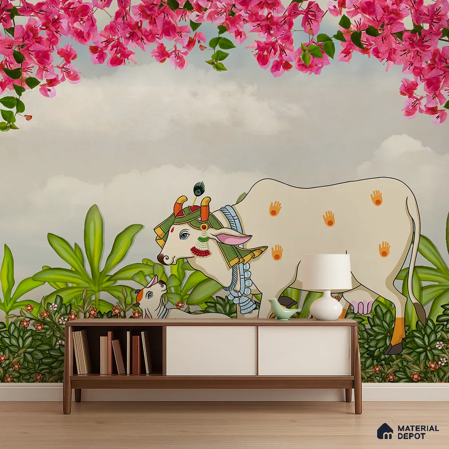 Traditional pooja room with pichwai wallpaper and wooden console in Bengaluru