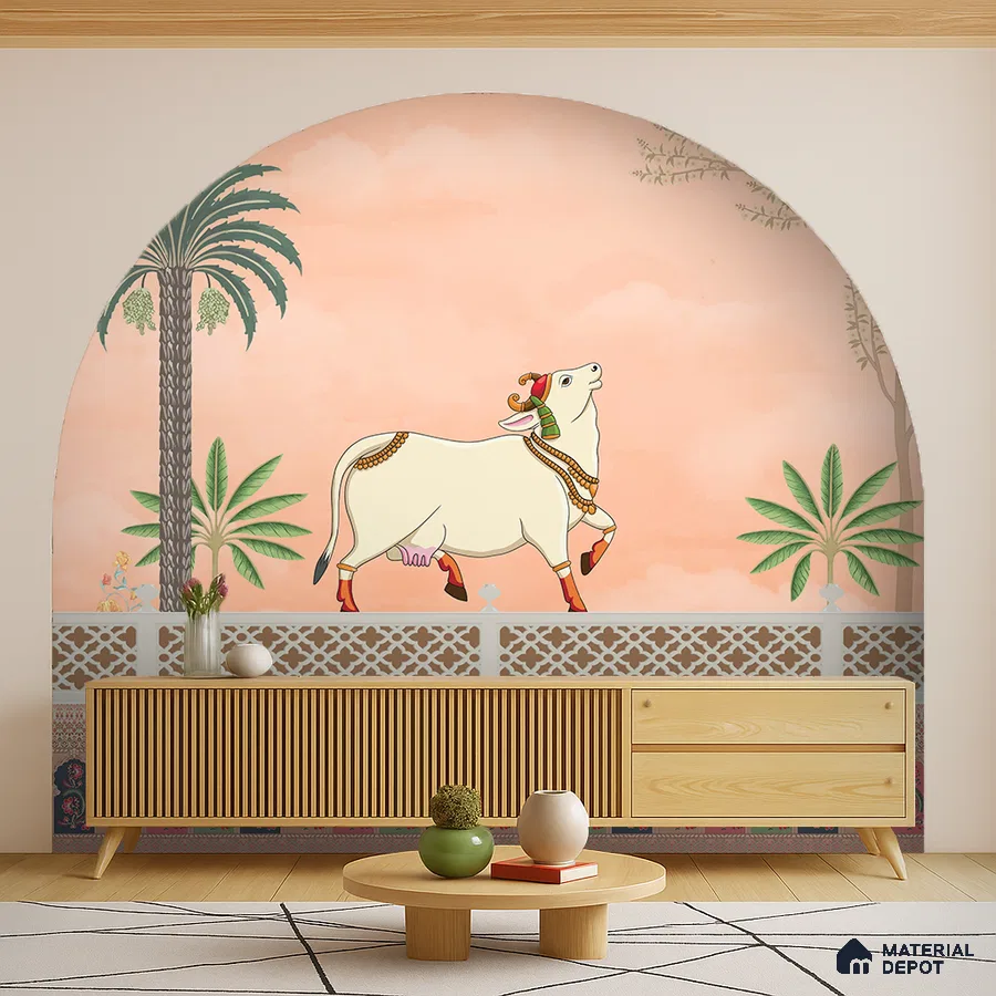 Traditional pooja room with pichwai wallpaper, fluted wood console, and light wood flooring in Bengaluru