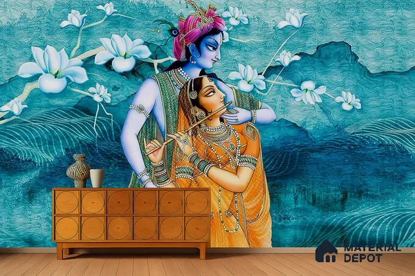 Traditional pooja room with Radha Krishna mural wallpaper and natural wood console in Bengaluru