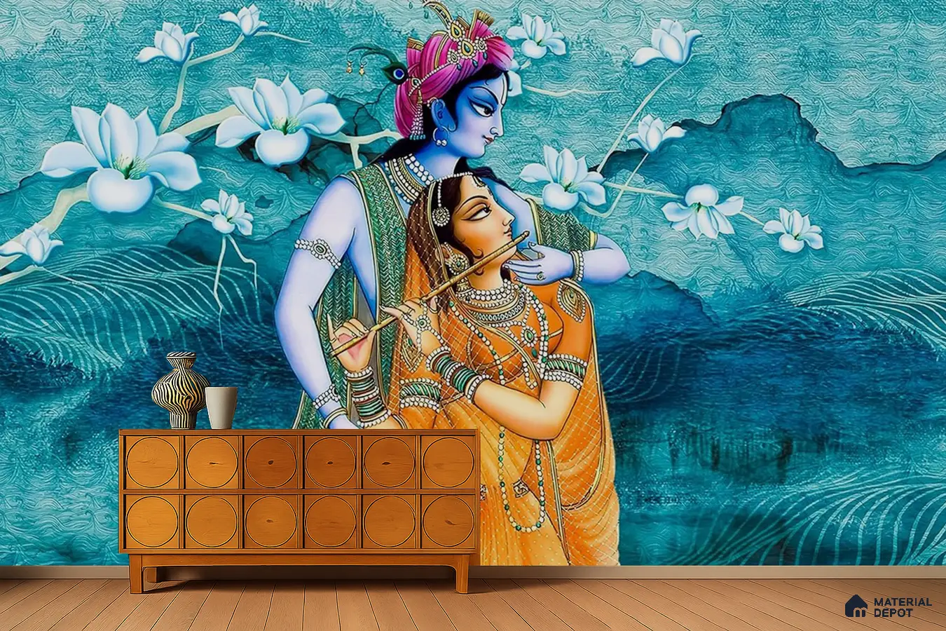 Traditional pooja room with Radha Krishna mural wallpaper and natural wood console in Bengaluru
