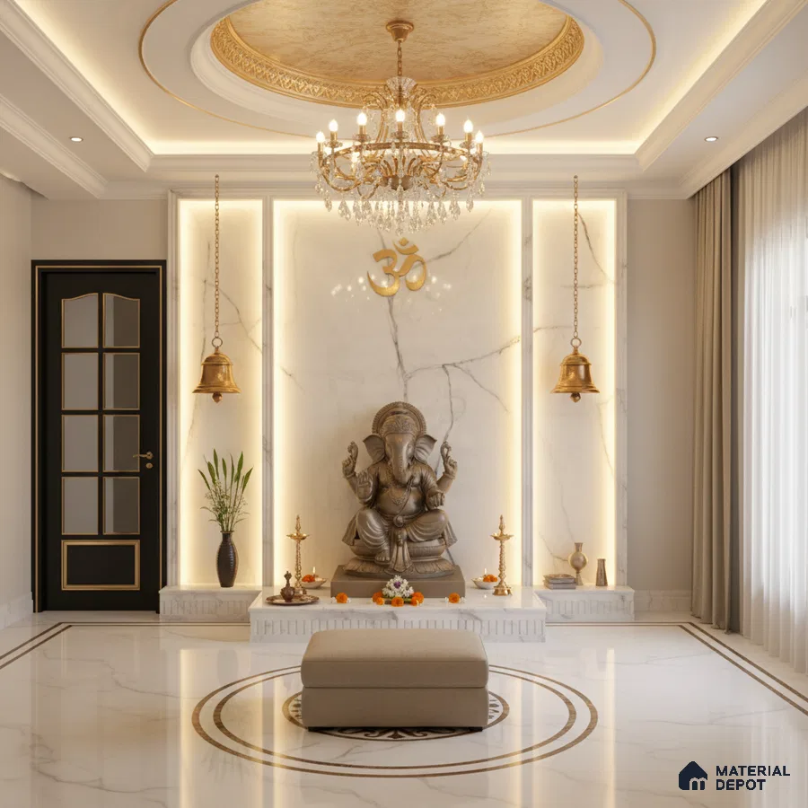 Traditional pooja room with white marble wall cladding, gold accents, and marble floor tiles