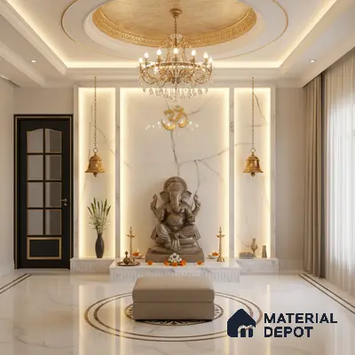 Traditional pooja room with white marble wall cladding, gold accents, and marble floor tiles