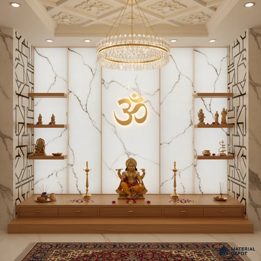 Traditional pooja room with white marble-look wall panels, wooden platform, and gold accents