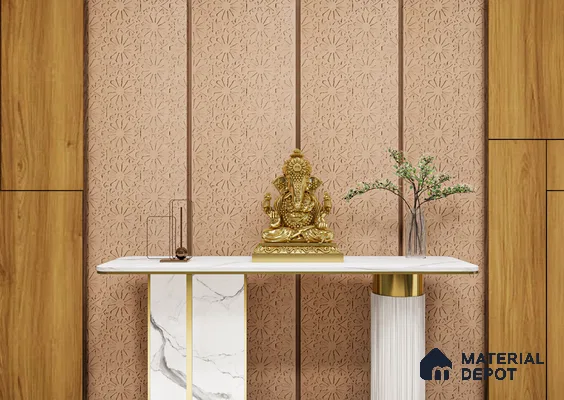 Traditional Pooja Space with Floral Cut Panels and Golden Ganesh Idol | Material Depot
