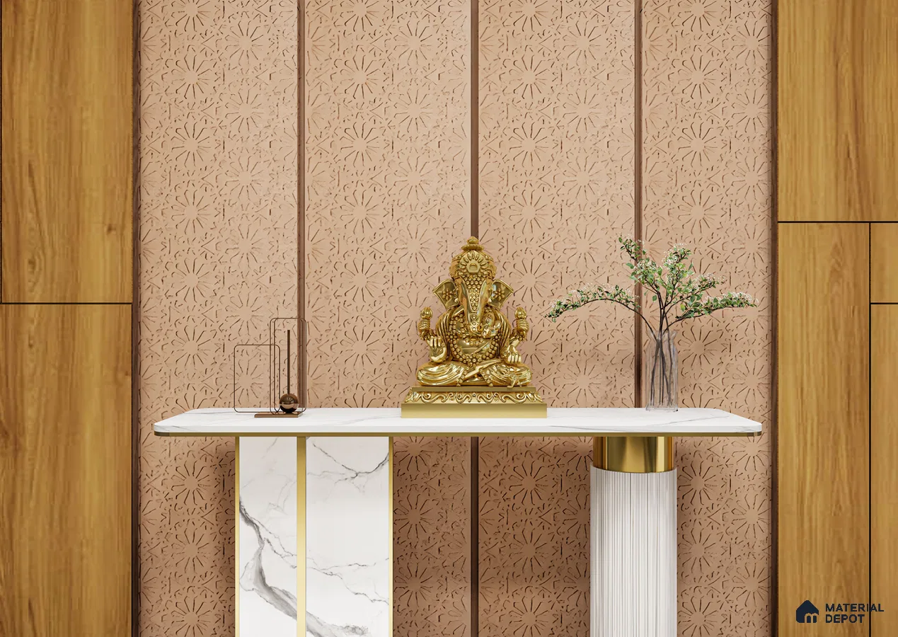Traditional Pooja Space with Floral Cut Panels and Golden Ganesh Idol | Material Depot