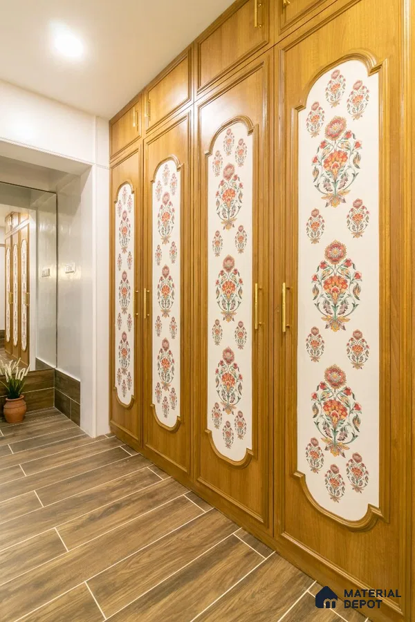 Traditional wardrobe with floral patterned panels and oak wood laminate in walk-in closet | Material Depot